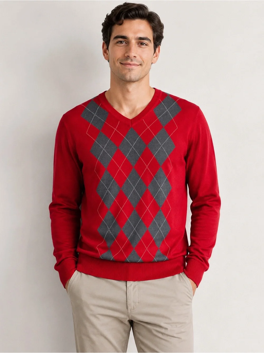 Banana Republic Men’s M Silk Cashmere Argyle V-Neck Sweater Red Gray